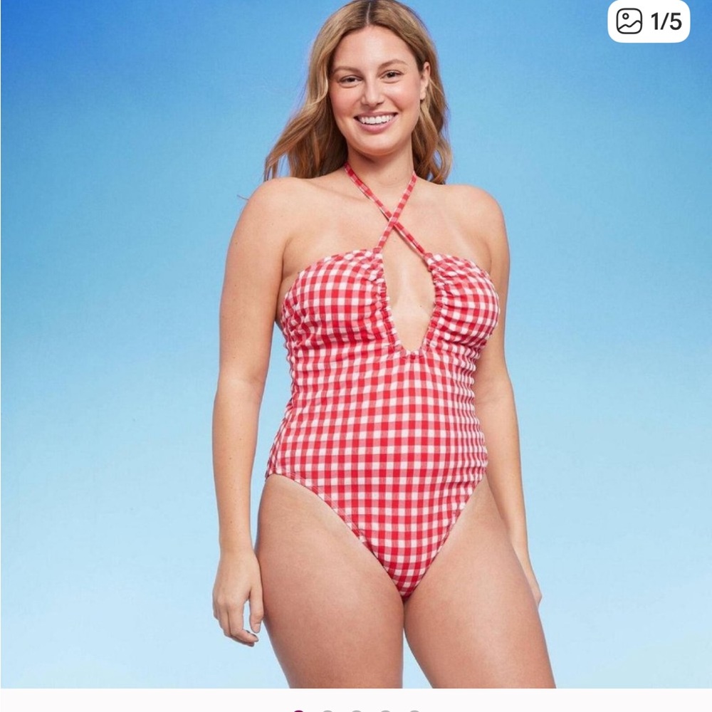 Wild Fable Red Gingham Halter Neck High Leg One Piece Swimsuit XL